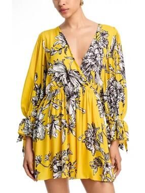 New Alice and Olivia Clarissa Deep V Mini Dress In Blooming Wild Gold Sz 6 $550